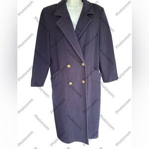 VINTAGE 100% Wool Double-Breasted Navy Long Coat with Gold Buttons 6-10